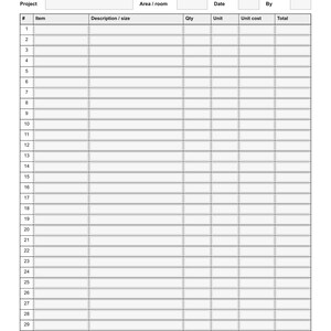 May include: A white Material Takeoff form with black text and lines. It features fields for company, phone, license, project, area, date, and by. A table with 30 numbered rows includes columns for item, description, size, qty, unit, unit cost, and total.