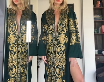 VINTAGE 1960ER Jahre Grün- und Goldtunika-Kleid mit hohen seitlichen Schlitzen