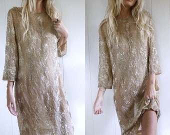 Nude Vintage Heavy Beaded Length Dress rip in arm pit