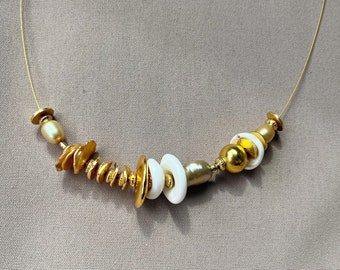 Grain Floating style Puka shell, Pearl and Gold necklace