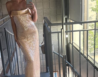 Vintage 2000er Jahre Kleid/Maxikleid aus Pfirsich, Seide und Pailletten