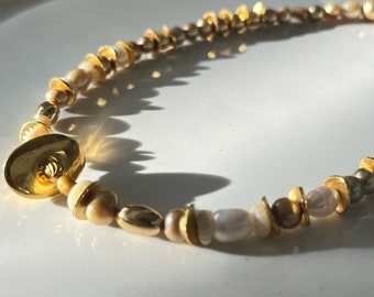 Grain- Gold 24k  puka, Pearl and Gold necklace