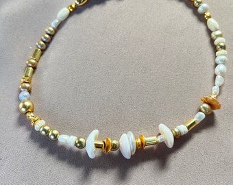 Grain -colorful Puka shell, Pearl and Gold necklace