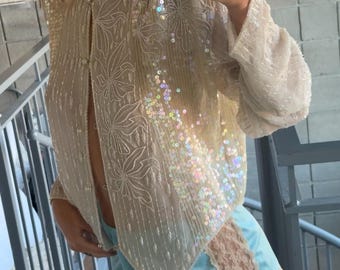 1980s Atemberaubendes Pailletten- und Perlen-Creme Top