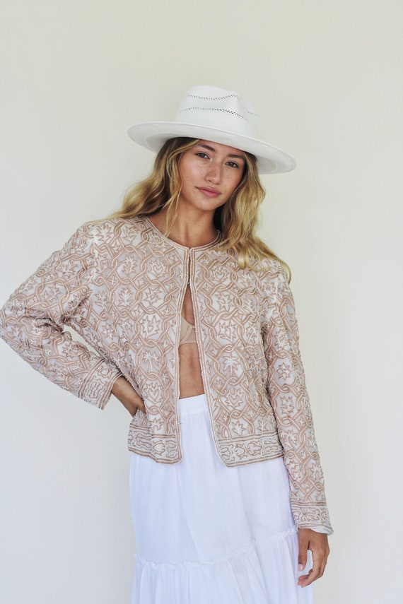 Cream and Gold Vintage Tropical Beaded Jacket S - 