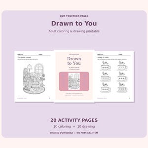 May include: A digital printable set titled Drawn to You featuring 20 activity pages with 10 coloring and 10 drawing sheets. The pages display line art illustrations including a cozy room scene titled The quiet corner and a page of teacups.