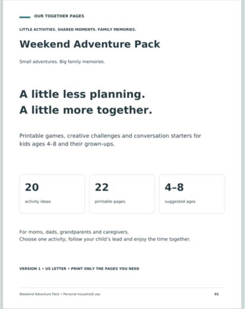 Op de afbeelding: Een wit informatiedocument getiteld Weekend Adventure Pack, met tekst over printbare spellen en activiteiten voor kinderen van 4-8 jaar. Het bevat 20 activiteitsidee&euml;n, 22 printbare pagina's en instructies voor het US Letter formaat.