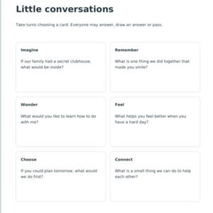 Op de afbeelding: Een witte pagina met de titel Our Together Pages en Little conversations met instructies om om de beurt een kaart te kiezen. Het bevat zes vakken met de titels Imagine, Remember, Wonder, Feel, Choose en Connect, elk met een specifieke vraag.