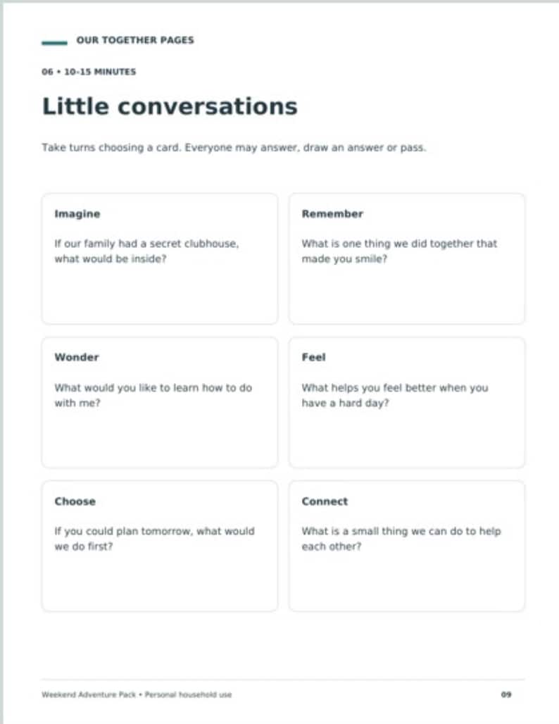 Op de afbeelding: Een witte pagina met de titel Our Together Pages en Little conversations met instructies om om de beurt een kaart te kiezen. Het bevat zes vakken met de titels Imagine, Remember, Wonder, Feel, Choose en Connect, elk met een specifieke vraag.
