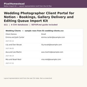 May include: A digital Notion import kit for wedding photographers featuring a client portal layout. The text includes Wedding Photographer Client Portal for Notion, 4 CSV databases, and a sample table of client names and email addresses.