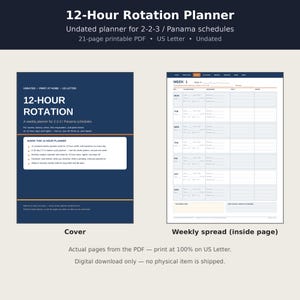 Undated 12-Hour Shift Planner — 2-2-3 Panama Rotation Planner PDF, 12 Hour Schedule, Handover Notes & Sleep Recovery Tracker, Printable