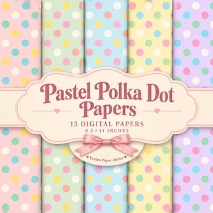 Può includere: Una collezione di 15 carte digitali con motivi a pois pastello in rosa, verde, blu, giallo e viola. Un'etichetta centrale color crema mostra il testo Pastel Polka Dot Papers, 15 digital papers, 21,59 x 27,94 cm e Yuntan Paper Atelier con un fiocco rosa.