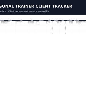 May include: A digital spreadsheet titled Personal Trainer Client Tracker, designed as an Excel template for client management. The table includes columns for Client ID, Start Date, Full Name, Email, Phone, Primary Goal, Package, Monthly Fee, Status, Last Check-in, Next Check-in, and Notes.