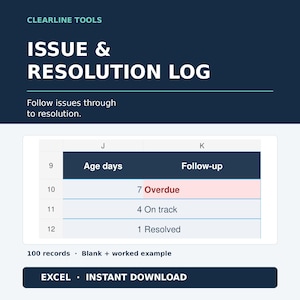 May include: A digital template titled Clearline Tools Issue & Resolution Log. It features a spreadsheet table with columns for Age days and Follow-up, showing statuses like Overdue, On track, and Resolved. Includes 100 records and an Excel instant download button.