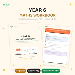 May include: A Year 6 Maths Workbook for the Australian Curriculum v9.0, ages 11-12. The cover features maths problems on fractions, percentages, and decimals. An interior page shows a lesson on primes, composites, and squares with a star challenge.