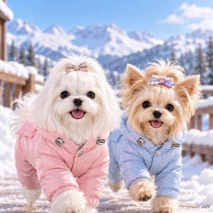 Pode incluir: Dois cães pequenos de pelo comprido, um vestindo uma jaqueta acolchoada com capuz rosa e o outro uma jaqueta acolchoada com capuz azul claro. Ambos os cães têm pequenos laços decorativos no topo da cabeça e estão ao ar livre.