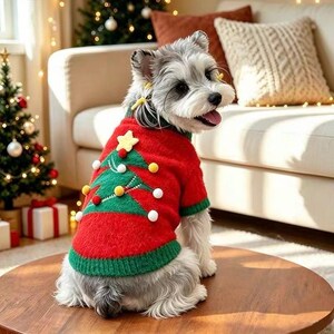 Pode incluir: Um cão pequeno de pelo cinzento e branco veste uma camisola de malha vermelha com um desenho de árvore de Natal verde. A camisola está decorada com pequenos pompons amarelos, brancos e vermelhos e uma estrela amarela no topo.