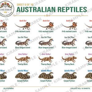 May include: A sticker sheet titled Australian Reptiles featuring twenty illustrations of four lizard and snake species. Each row displays five identical images of a frill-necked lizard, blue-tongue lizard, thorny devil, or carpet python with text.