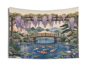 May include: A rectangular wall tapestry featuring a landscape illustration of a wooden arched bridge over a pond with orange and white koi fish, surrounded by purple wisteria hanging from a trellis, green foliage, and blooming water lilies.