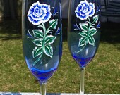 Blue Champagne Glasses Hand Painted Rose With Wine Glass Charms Set of 2, Birthday Gift, Wedding Toast Glasses, Gifts For her