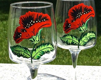 Hand Painted Wine Glasses, Ruby Red Poppies with Charms, Set of 2, Mothers Day