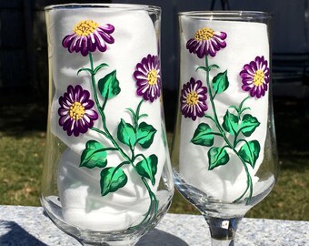 Hand Painted Floral Wine Glasses with Swarovski Crystal Charms, Set of 2, Mothers Day
