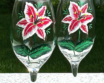 Hand Painted Lily Wine Glasses with Crystal Charms, Set of 2, Mothers Day Gift