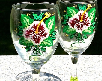 Copas de vino de hibisco pintadas a mano con adornos para copas, juego de 2, Día de la Madre