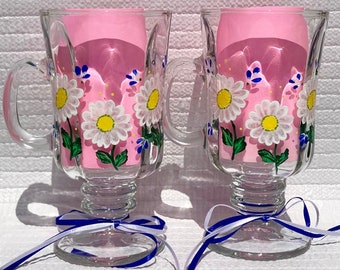 Glass Coffee Cups Hand Painted Daisies 8 oz. Set of 2, Irish Coffee Glasses, Mothers Day Gift, Kitchen Decor, Birthday, Gifts For Her