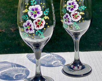 Black Wine Glasses Hand Painted Flowers and Crystal Charms, Set of 2, Mothers Day Gift
