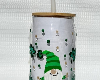 Hand Painted Glass With Bamboo Lid and Straw, Shamrocks and Gnomes