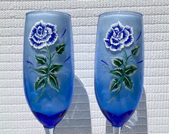 Blue Champagne Glasses Hand Painted Rose With Wine Glass Charms Set of 2, Mothers Day Gift, Wedding Toast