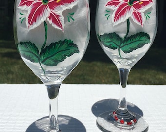 Copas de vino con diseño de lirios pintadas a mano y adornos de cristal, juego de 2, idea para regalo.