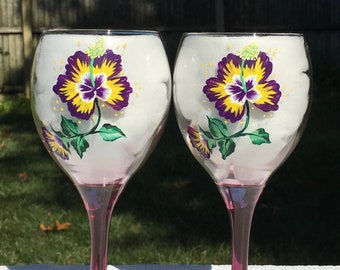 Copas de vino con hibisco pintadas a mano, adornos de cristal, juego de 2, Día de la Madre