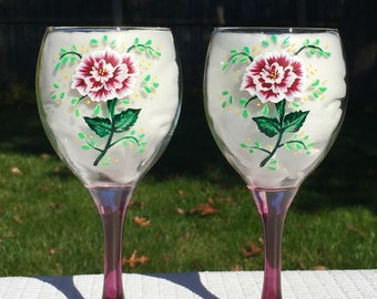 Copas de vino pintadas a mano, rosas rubí, adornos de cristal, juego de 2, Día de la Madre