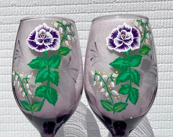 Purple Wine Glasses Hand Painted White and Purple Roses and Wine Glass Charms, Mothers Day Gifts, Anniversary, Birthday,  Gifts For Her