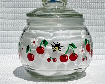 Sugar Bowl Hand Painted Cherries and White Flowers, Cherry Gift, Candy Jar, Home Decor, Gifts For Her, Free shipping