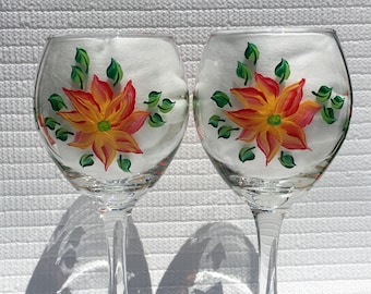 Wine Glasses Hand Painted Orange and Yellow Flowers With Wine Charms, Mothers Day Gift, Birthday, Anniversary, Gifts For Her