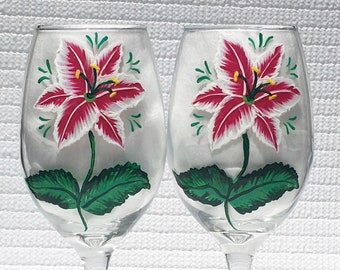 Wine Glasses Hand Painted Red White Lily Crystal Wine Glass Charms, Set of 2-12 oz.  Mothers Day Gift, Birthday, Anniversary, Gift For Her