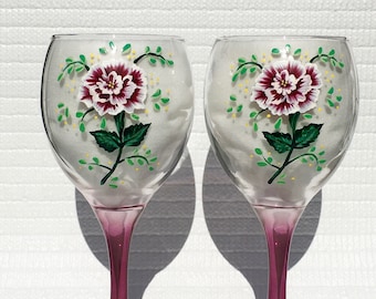 Wine Glasses Hand Painted Red and White Flowers With Wine Glass Charms Set of 2, Mothers Day Gift, Birthday , Wedding Gifts Under 30