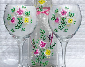 Carafe and Matching Wine Glasses Hand Painted Flowers 3 Piece Set, Mothers Day, Birthday, Wedding, Bridal Shower, Gifts For Her