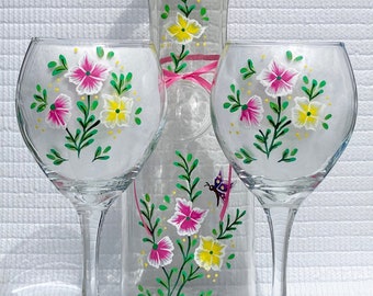 Juego de jarra y copa de vino pintados a mano, diseño floral, adornos de cristal, Día de la Madre