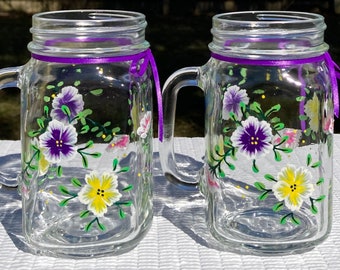 Tazas Mason Jar pintadas a mano con flores multicolores, 473 ml, estilo bohemio, ideales para amantes de las flores, cumpleaños o el Día de la Madre.