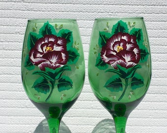 Green Wine Glasses Hand Painted Red Roses and Heart Wine Charms Set of 2-12 oz, Mothers Day Gift, Anniversary, Birthday, Gifts