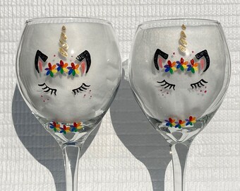 Wine Glasses Hand Painted Unicorns Rainbow Flowers Wine Glass Charms Set of 2, Mothers Day Gift, Birthday Gift, Couple Gift, LGBTQ Gift