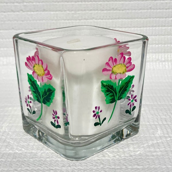 Candle Holder With Hand Painted Pink and Purple Flowers, Birthday Gifts For Her, Housewarming Gift, Free Shipping