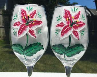 Copas de vino con diseño de lirios pintadas a mano y adornos de cristal, juego de 2, Día de la Madre