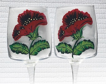 Wine Glasses Hand Painted Red Flowers and Wine Glass Charms Set of 2, Mothers Day Gift, Birthday, Anniversary, Gifts For Her