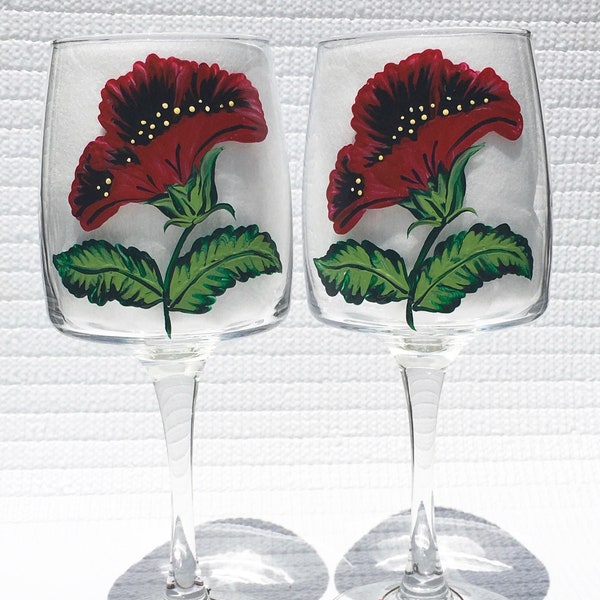 Wine Glasses Hand Painted Red Flowers and Wine Glass Charms Set of 2, Mothers Day Gift, Birthday, Anniversary, Gifts For Her