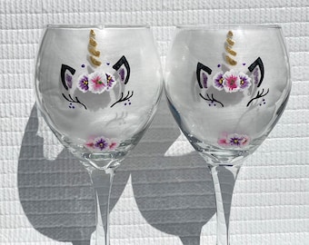 Unicorn Wine Glasses Pink and Purple Flowers With Wine Glass Charms Set of 2, Mothers Day Gift, Birthday, Unicorn Lover Gift